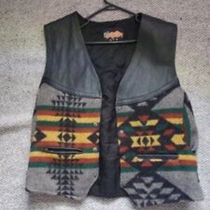 Vintage Black Leather & Aztec Southwestern Pattern Wool accent Biker Vest size L